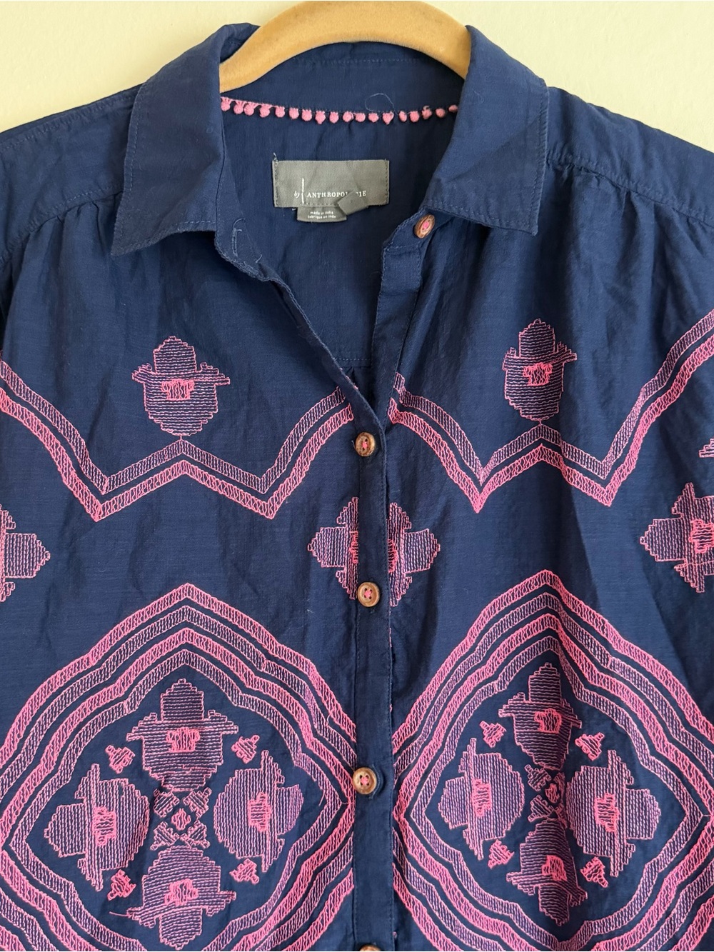 Anthropologie Navy Pink Geometric Embroidered Woven Boho Button-Down Blouse XS - Picture 5 of 10